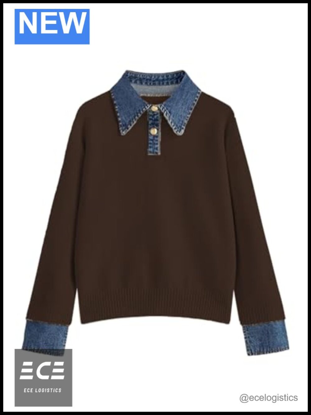 Oversized Polo Sweater Button Up Denim Lapel Pullover Long Sleeve Collared Knit